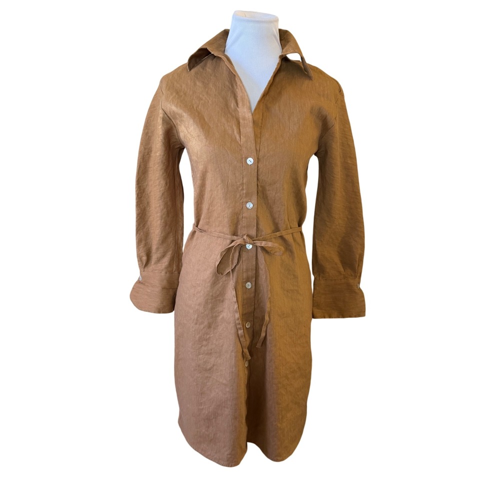 Vince Linen Blend Shirt Dress Women XS Brown Belted Button Down V935251584